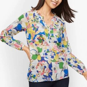 Talbots Floral Ruffle Trim Lightweight Buttoned 100% Cotton Floral Blouse Top